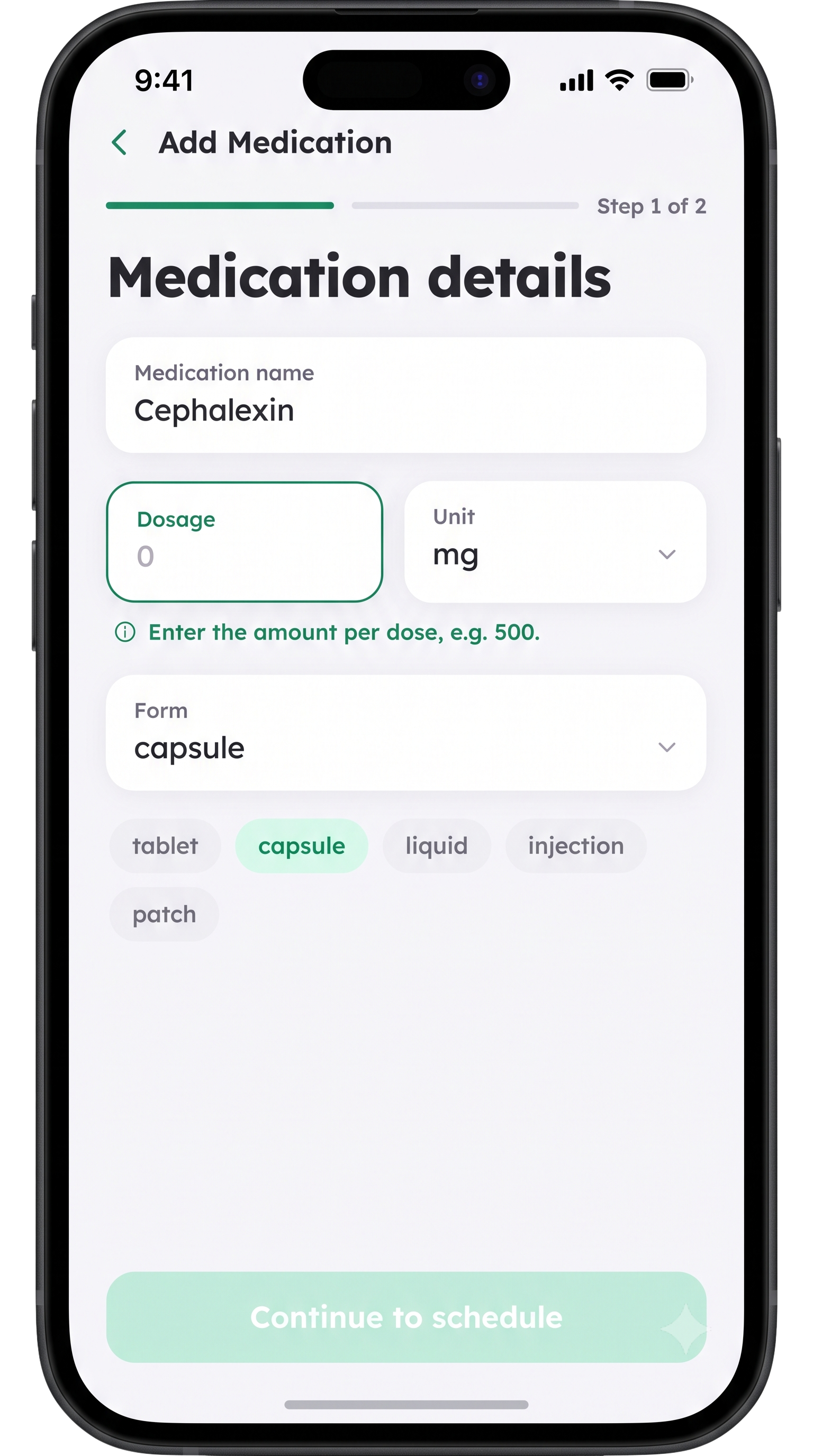 Thera add medication screen with name, dosage, unit, and form selector