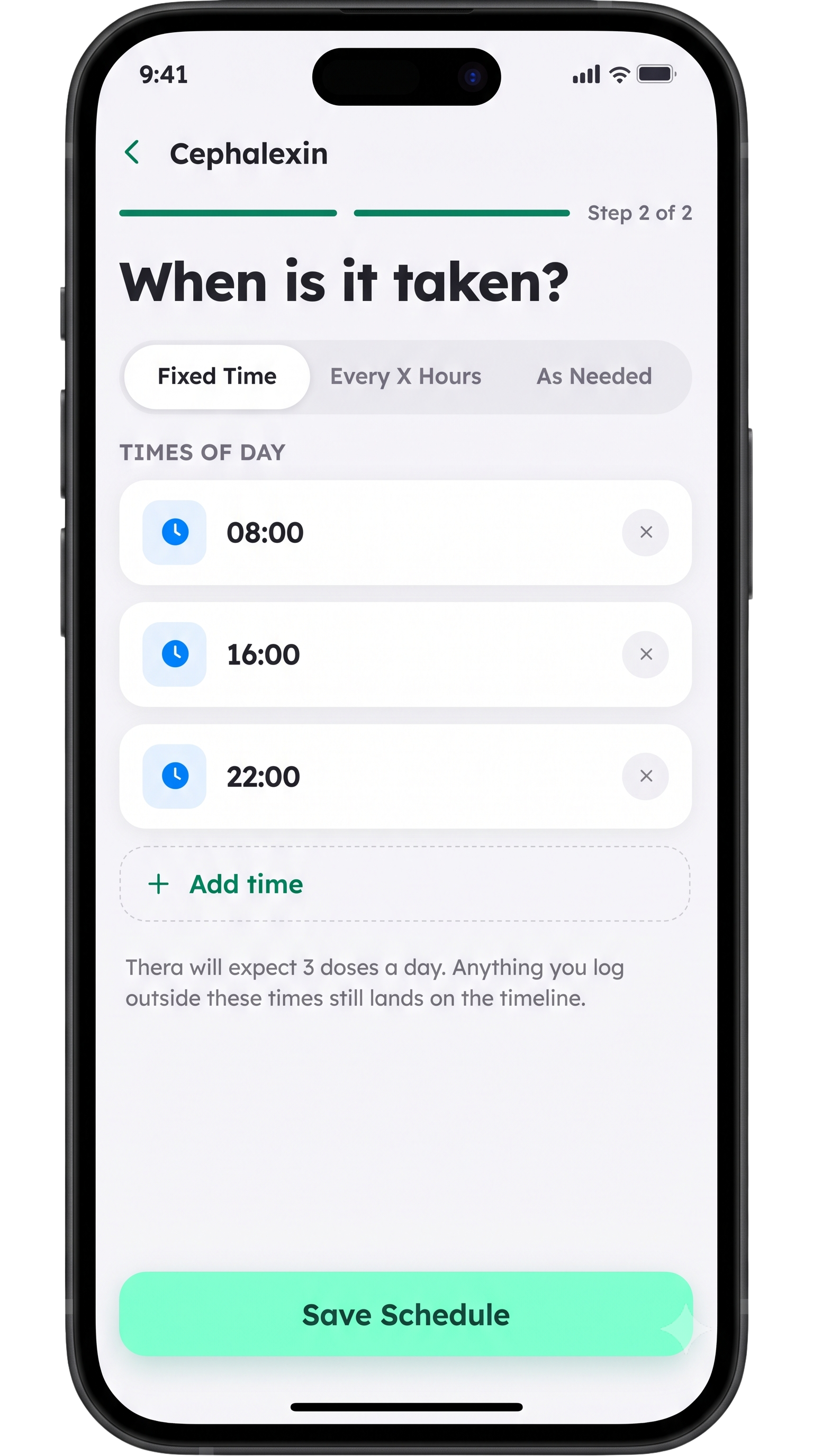 Thera schedule screen for Cephalexin with Fixed Time doses at 08:00, 16:00, and 22:00