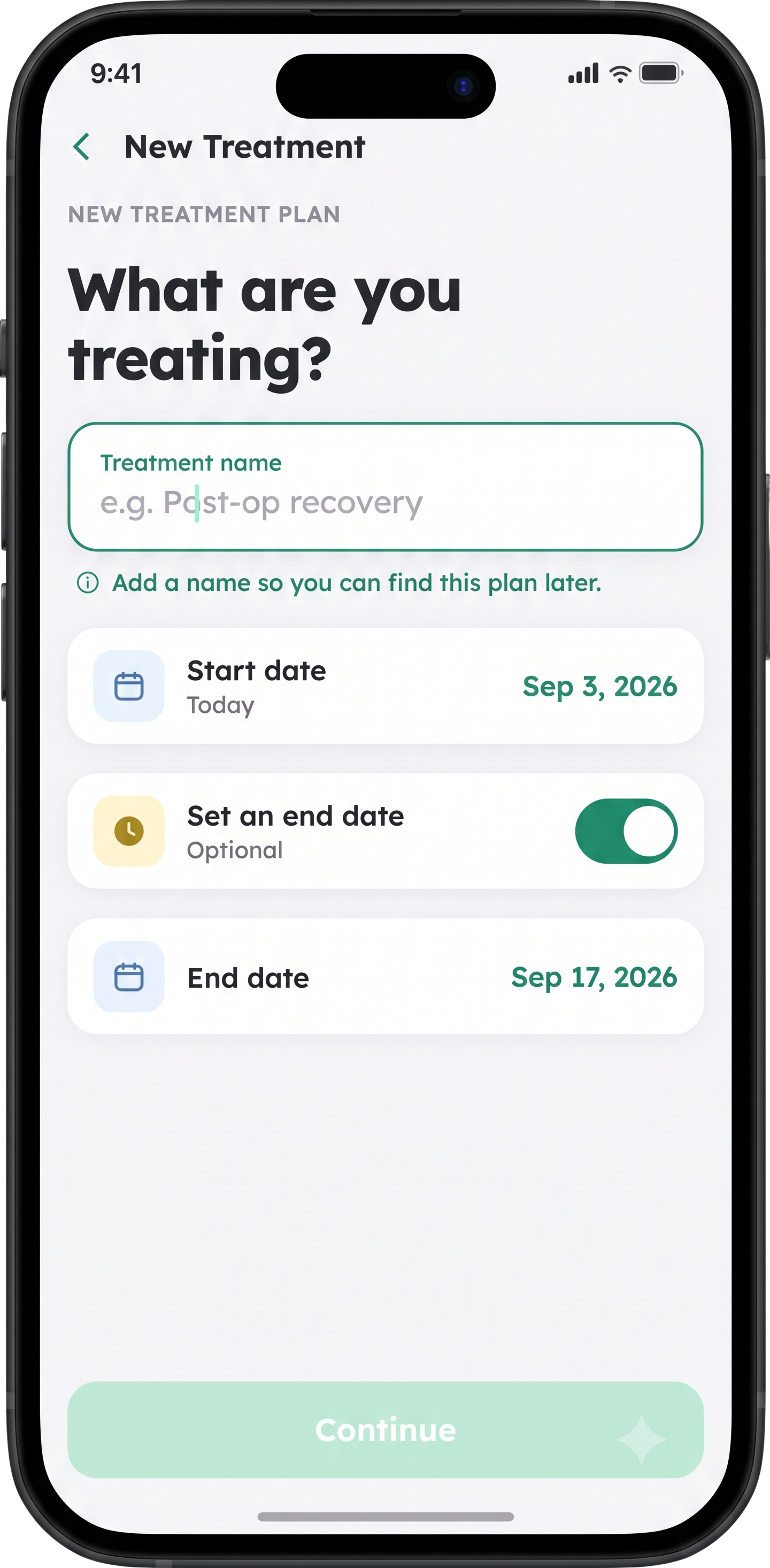 Thera new treatment plan screen asking what you are treating, with start and end date fields