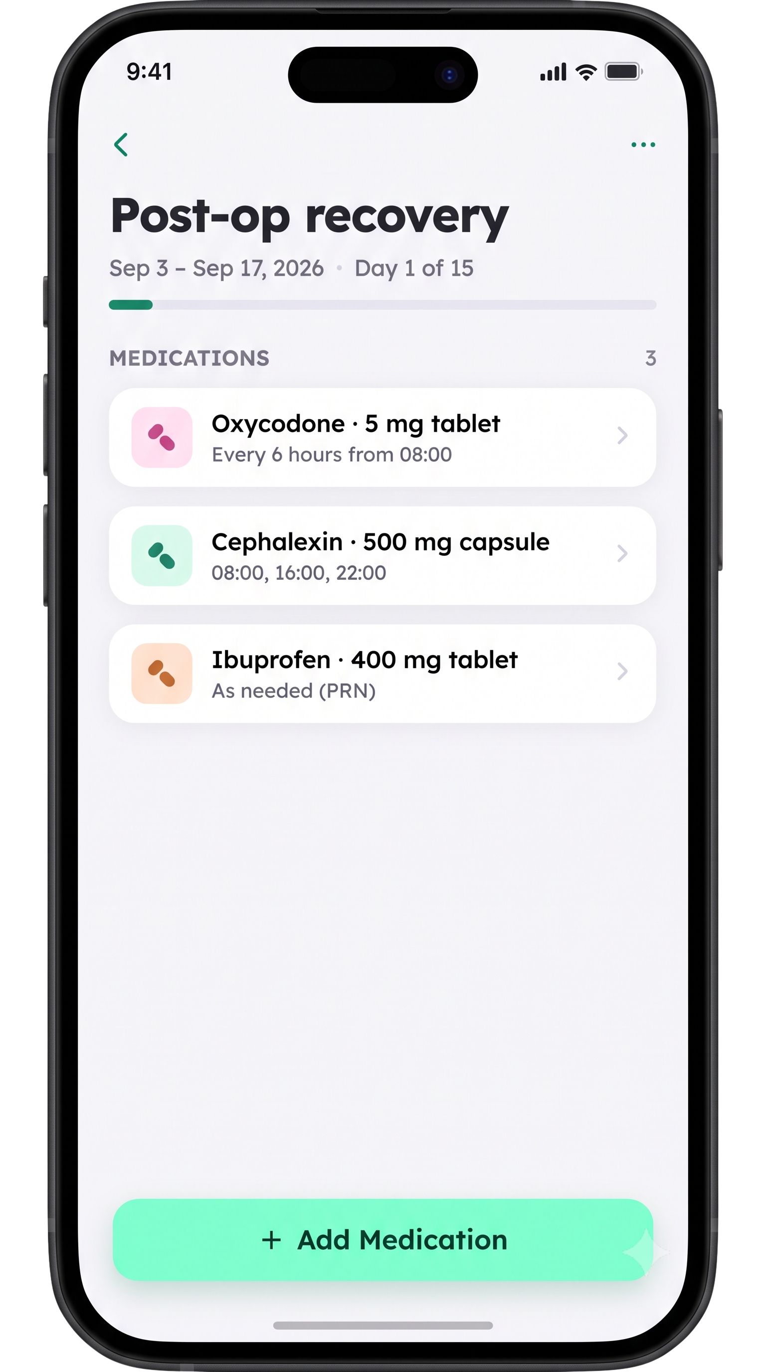 Thera post-op recovery treatment plan showing three medications and their schedules